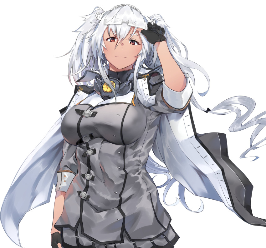 1girl, black_gloves, breasts, brown_eyes, capelet, collar, dark_skin, dark-skinned_female, gegeron, glasses, gloves, hair_between_eyes, headgear, highres, jacket, kantai_collection, large_breasts, light_brown_hair, miniskirt, musashi_(kantai_collection), partially_fingerless_gloves, pointy_hair, red_eyes, remodel_(kantai_collection), semi-rimless_eyewear, short_hair_with_long_locks, skirt, solo, twintails, two_side_up, under-rim_eyewear, white_hair