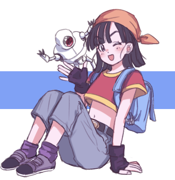 1girl, ;d, ankle_boots, arm_at_side, arm_support, backpack, bag, bandana, bangs, belt, black_belt, black_gloves, black_hair, blue_background, boots, crop_top, danbo_(4478299), denim, dot_nose, dragon_ball, dragon_ball_gt, eyebrows_visible_through_hair, eyelashes, eyes_visible_through_hair, fingerless_gloves, fingernails, flat_chest, full_body, giru_(dragon_ball), gloves, grey_footwear, hand_up, happy, head_scarf, jeans, legs_together, light_blush, looking_at_viewer, loose_socks, midriff, navel, on_ground, one_eye_closed, open_mouth, orange_headwear, pan_(dragon_ball), pants, parted_bangs, purple_legwear, robot, short_hair, simple_background, sitting, smile, socks, solo, straight_hair, tareme, two-tone_background, waving, white_background