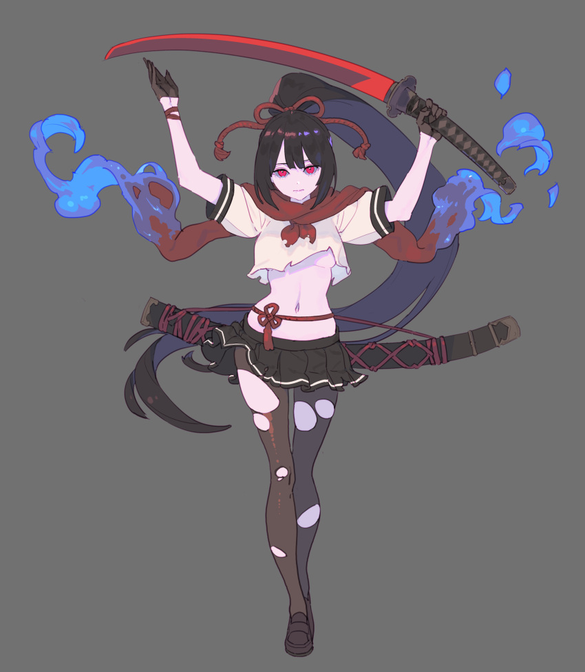 1girl, absurdres, arms_up, black_gloves, black_hair, black_legwear, breasts, dungeon_maker