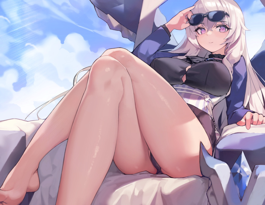 1girl, arm_up, ascot, bangs, bare_legs, barefoot, black-framed_eyewear, black_coat