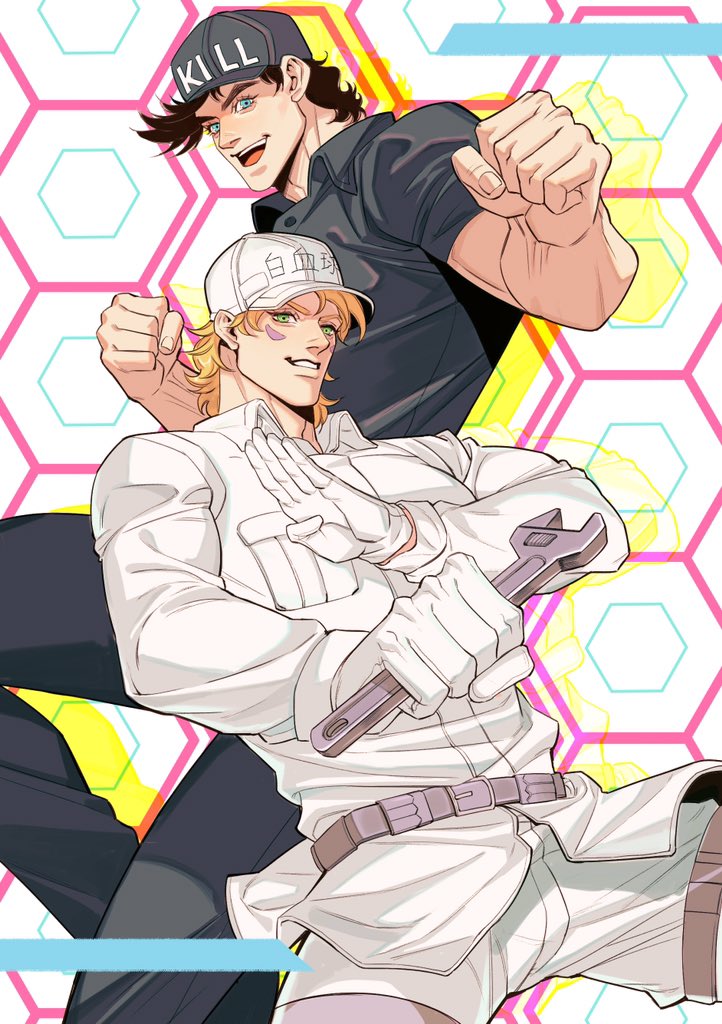 2boys, baseball_cap, battle_tendency, belt, black_headwear, black_pants, black_shirt, blonde_hair
