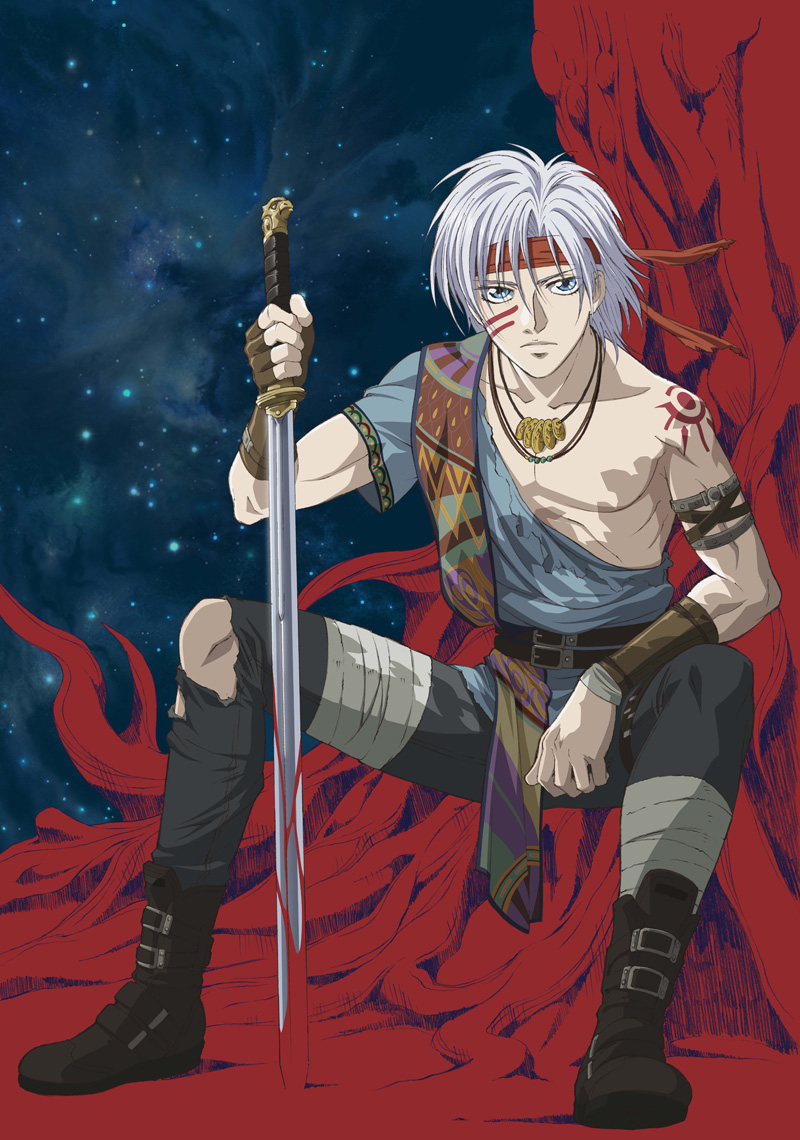 blue_eyes, boots, headband, jewelry, juu-ou-sei, jyu_oh_sei, male, necklace, night, sword, tattoo, thor_(jyu_oh_sei), thor_klein, weapon, white_hair