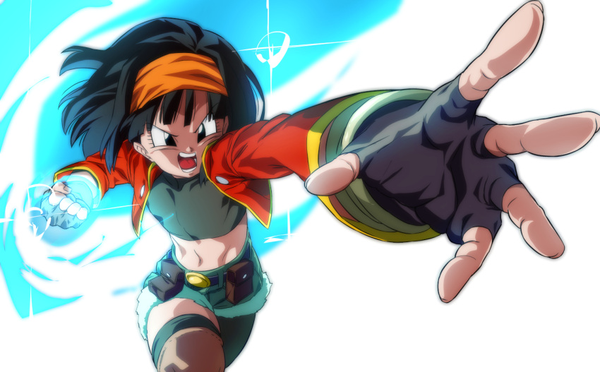 1girl, aqua_background, asymmetrical_legwear, attack, bangs, belt, black_belt, black_eyes