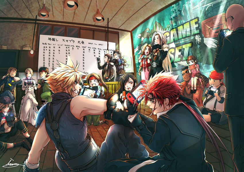 4girls, 6+boys, aerith_gainsborough, annoyed, bandana, barret_wallace, biggs_(ff7), cloud_strife, final_fantasy, final_fantasy_vii, final_fantasy_vii_remake, formal, game_console, handheld_game_console, hat, headband, highres, holding, holding_handheld_game_console, jessie_rasberry, leslie_kyle, marlene_wallace, moriiiiiiiiiinn, multiple_boys, multiple_girls, nintendo_switch, playing_games, reno_(ff7), roche_(ff7r), rude_(ff7), rufus_shinra, sephiroth, sitting, sleeveless, spiky_hair, suit, super_smash_bros., tifa_lockhart, tseng, wedge_(ff7), zack_fair