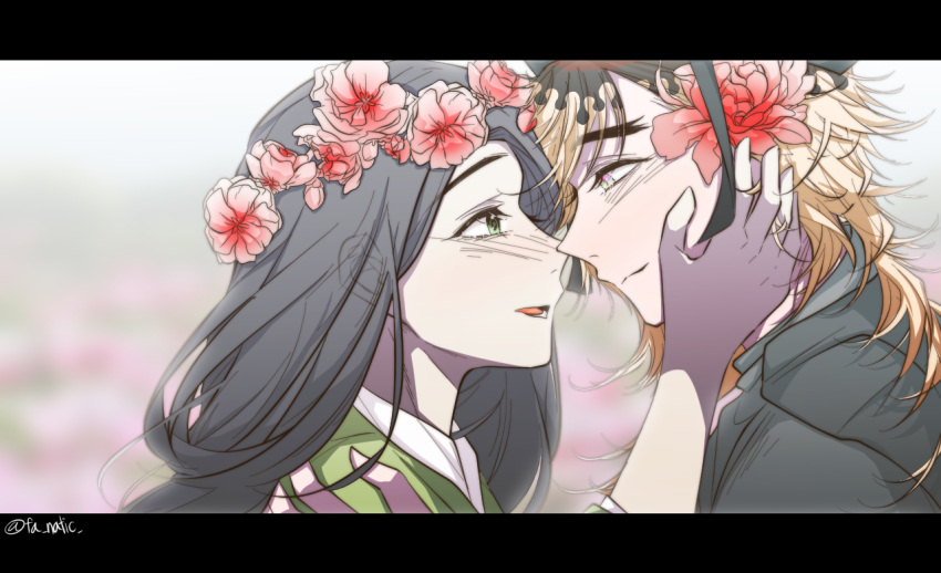 1boy, 1girl, artist_name, black_hair, black_sweater, blonde_hair, blush, couple