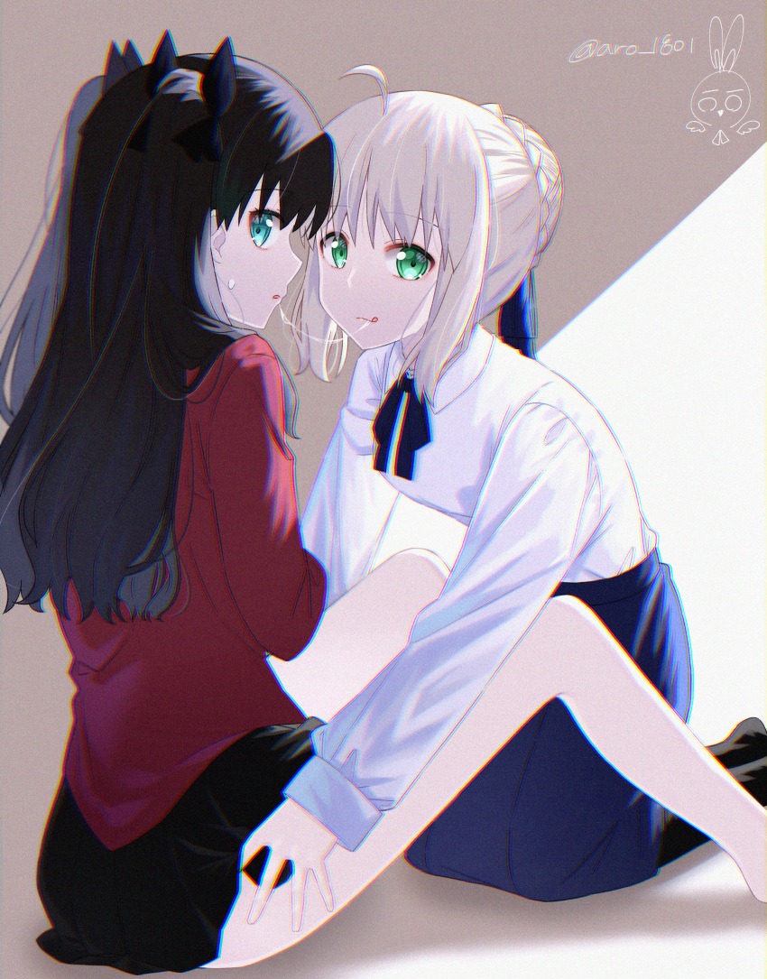 2girls, :q, absurdres, after_kiss, ahoge, aqua_eyes, aro_1801, artoria_pendragon_(all)