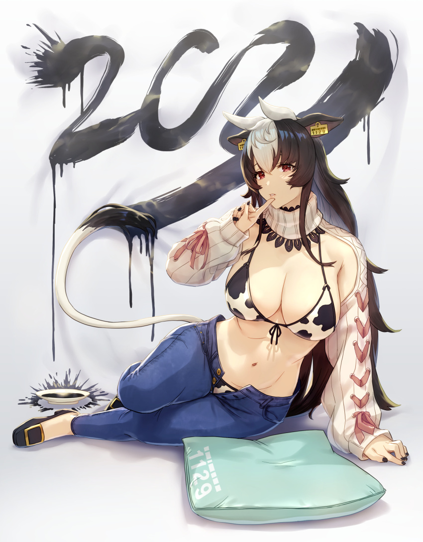 1girl, 2021, absurdres, animal_ears, animal_print, bikini, bikini_under_clothes, black_hair