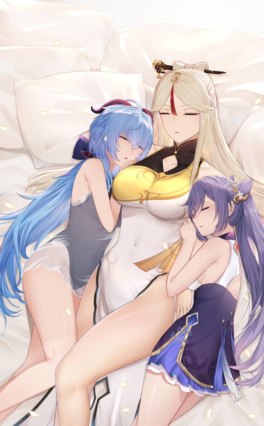 3girls, 7t, absurdres, bare_legs, bed_sheet, blue_hair, breasts, chinese_clothes