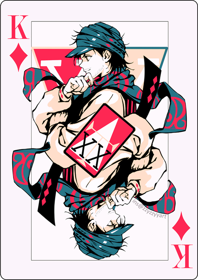 1boy, black_hair, card, card_(medium), chin_stroking, closed_mouth, commentary, diamond_(shape), english_commentary, facial_hair, floating_scarf, ging_freecss, green_headwear, green_scarf, hand_up, hunter_x_hunter, instagram_username, king_of_diamonds, long_sleeves, male_focus, multiple_views, playing_card, scarf, short_hair, smile, symmetry, tabard, turban, upside-down, watermark, zzyzzyy