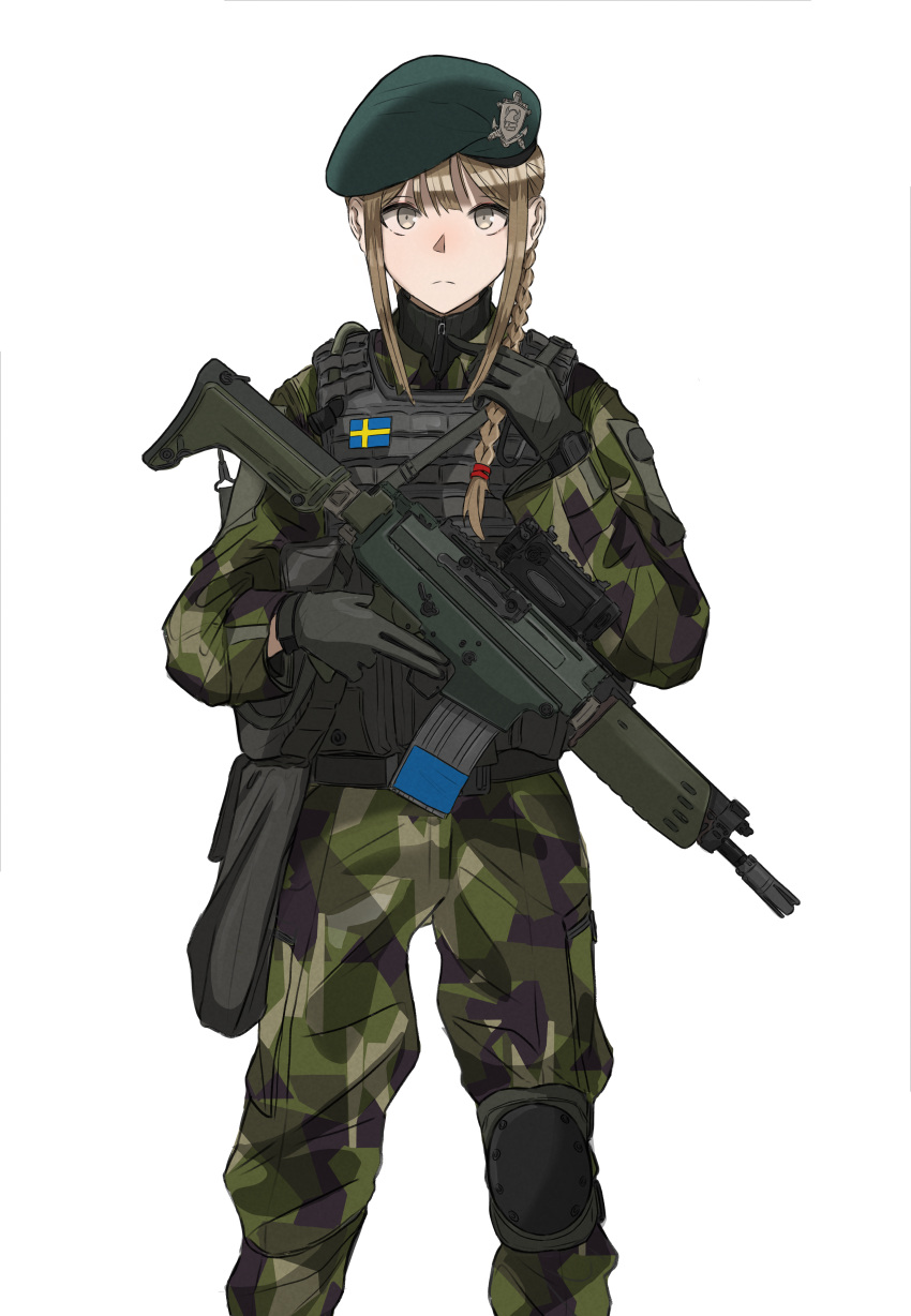 1girl, absurdres, ak_5, assault_rifle, bangs, beige_eyes, beret, blonde_hair