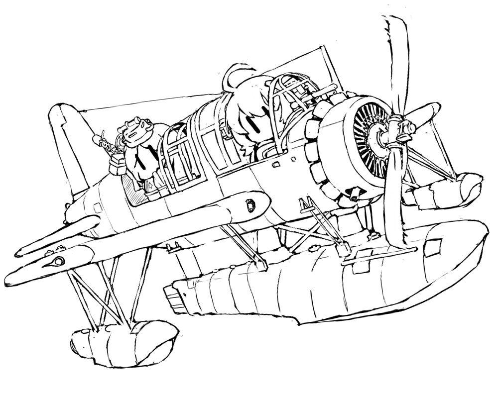 2girls, ahoge, aircraft, chibi, flying, gun, headgear, kantai_collection