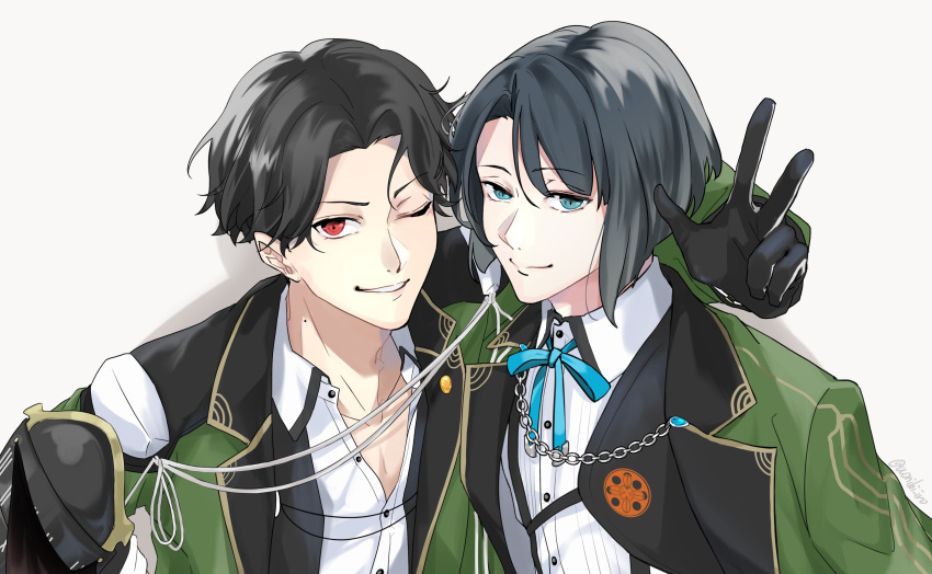 2boys, absurdres, arm_over_shoulder, black_gloves, black_hair, blue_eyes, buzen_gou, collared_shirt
