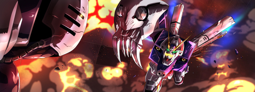 absurdres, charging_forward, crossbone_gundam, crossbone_gundam_x-1, damaged, dictus, explosion, fighting, glowing, glowing_eye, glowing_eyes, green_eyes, gundam, highres, mecha, missing_limb, no_humans, one-eyed, open_mouth, skull, space, tyuuboutyauyo, v-fin, yellow_eyes