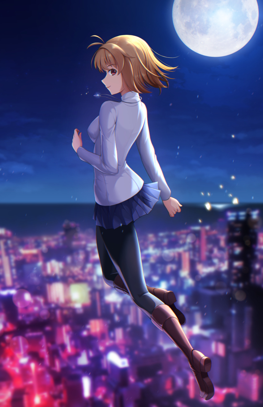 1girl, absurdres, antenna_hair, arcueid_brunestud, bangs, black_legwear, blonde_hair, blue_skirt