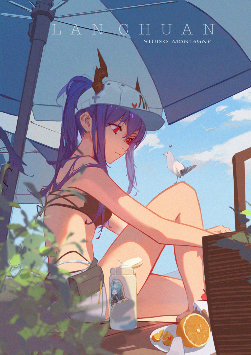 1girl, arknights, artist_name, baseball_cap, basket, bikini, bird_on_leg, blue_hair
