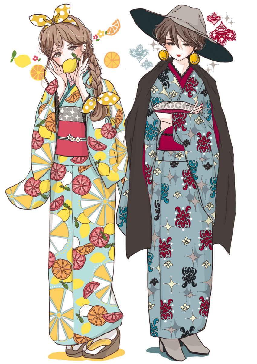 2girls, blue_kimono, blush, bow, braid, brown_eyes, crossed_arms, earrings