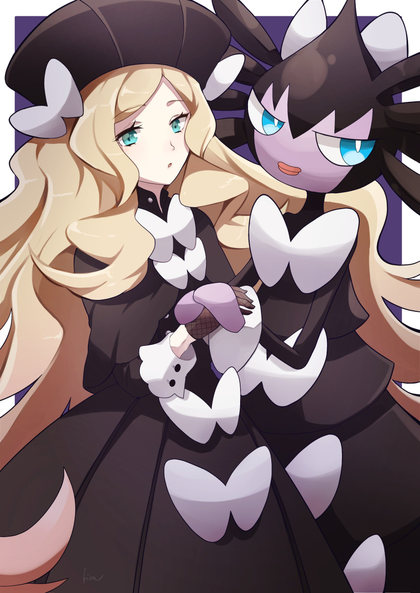 1girl, absurdres, black_headwear, blonde_hair, buttons, caitlin_(pokemon), commentary_request, cosplay