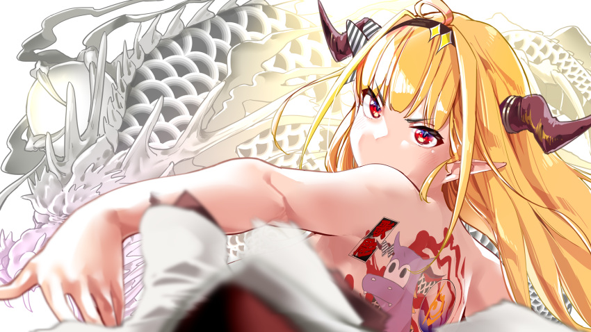 1girl, ahoge, back_tattoo, bangs, bare_back, bare_shoulders, black_hairband, blonde_hair