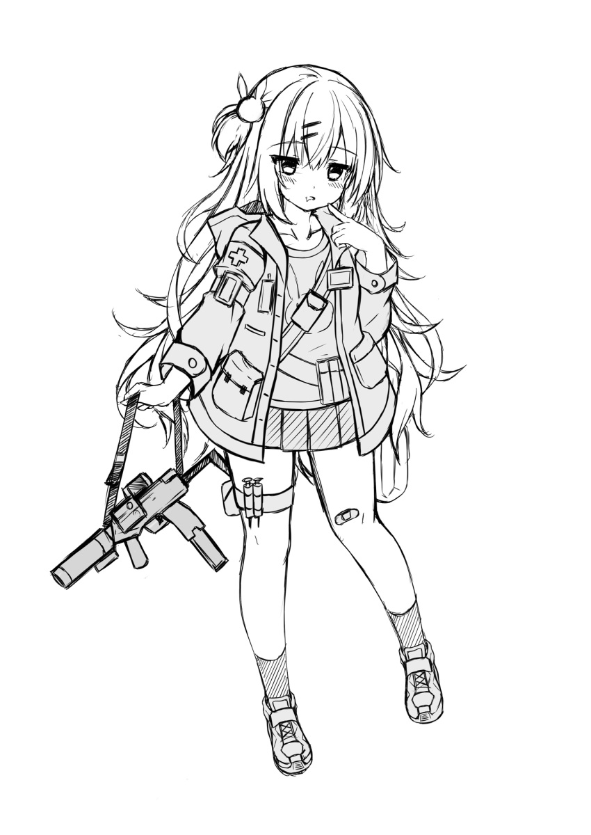 1girl, animal_print, bandaid, bandaid_on_knee, bangs, blush, brugger-thomet_mp9, bunny_hair_ornament
