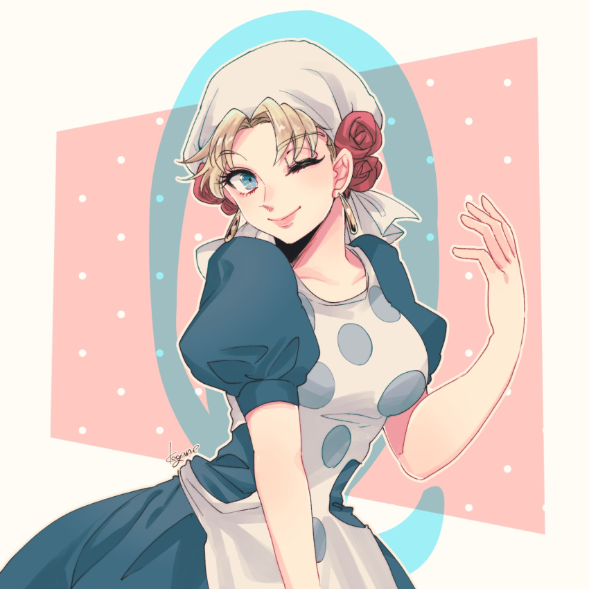 1girl, apron, bandana, battle_tendency, blonde_hair, blue_dress, blue_eyes, collarbone, commentary_request, dress, earrings, eyebrows_visible_through_hair, flower, hair_flower, hair_ornament, hand_up, highres, jewelry, jojo_no_kimyou_na_bouken, kogatarou, looking_at_viewer, one_eye_closed, polka_dot, puffy_short_sleeves, puffy_sleeves, q_(letter), short_sleeves, signature, smile, solo, suzi_q, upper_body