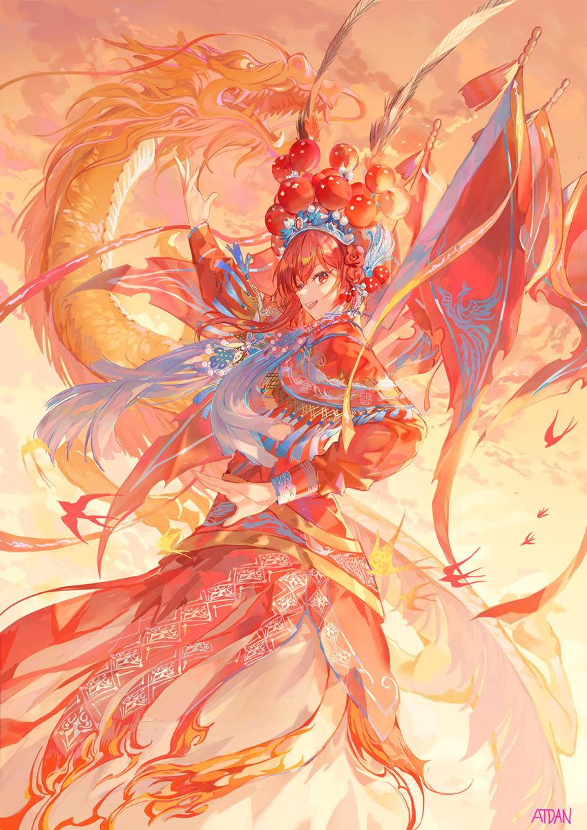 1girl, arm_up, atdan, bird, capelet, chinese_clothes, chiyu_(synthesizer_v), clouds, dragon, dress, eastern_dragon, feathers, fire, flag, flower, hair_feathers, hair_flower, hair_ornament, headpiece, highres, long_sleeves, looking_at_viewer, open_mouth, red_dress, red_eyes, red_theme, redhead, short_hair_with_long_locks, signature, smile, solo, swallow, synthesizer_v, tassel