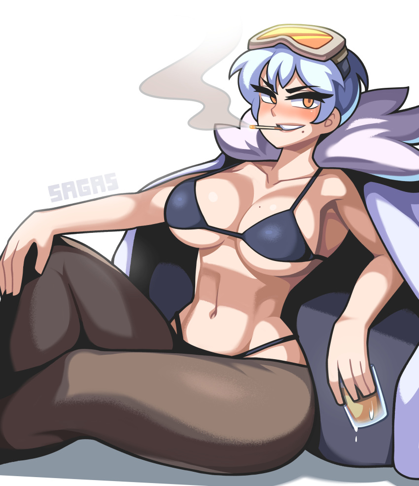 1girl, absurdres, bikini, black_bikini, blue_hair, breasts, cigarette, coat