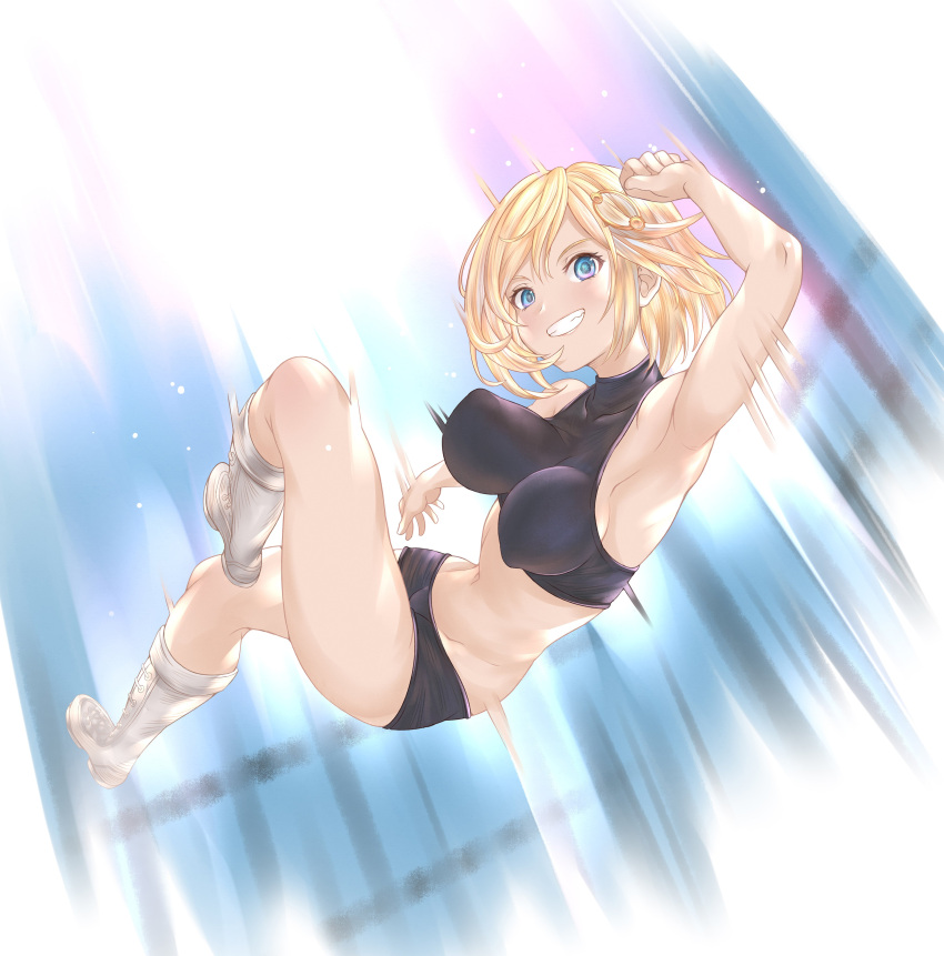 1girl, absurdres, armpits, bare_arms, bare_legs, blonde_hair, blue_eyes, boots