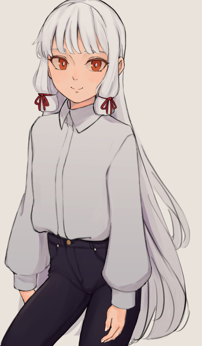 1girl, absurdres, alternate_costume, black_pants, commentary_request, dress_shirt, hair_ribbon, highres