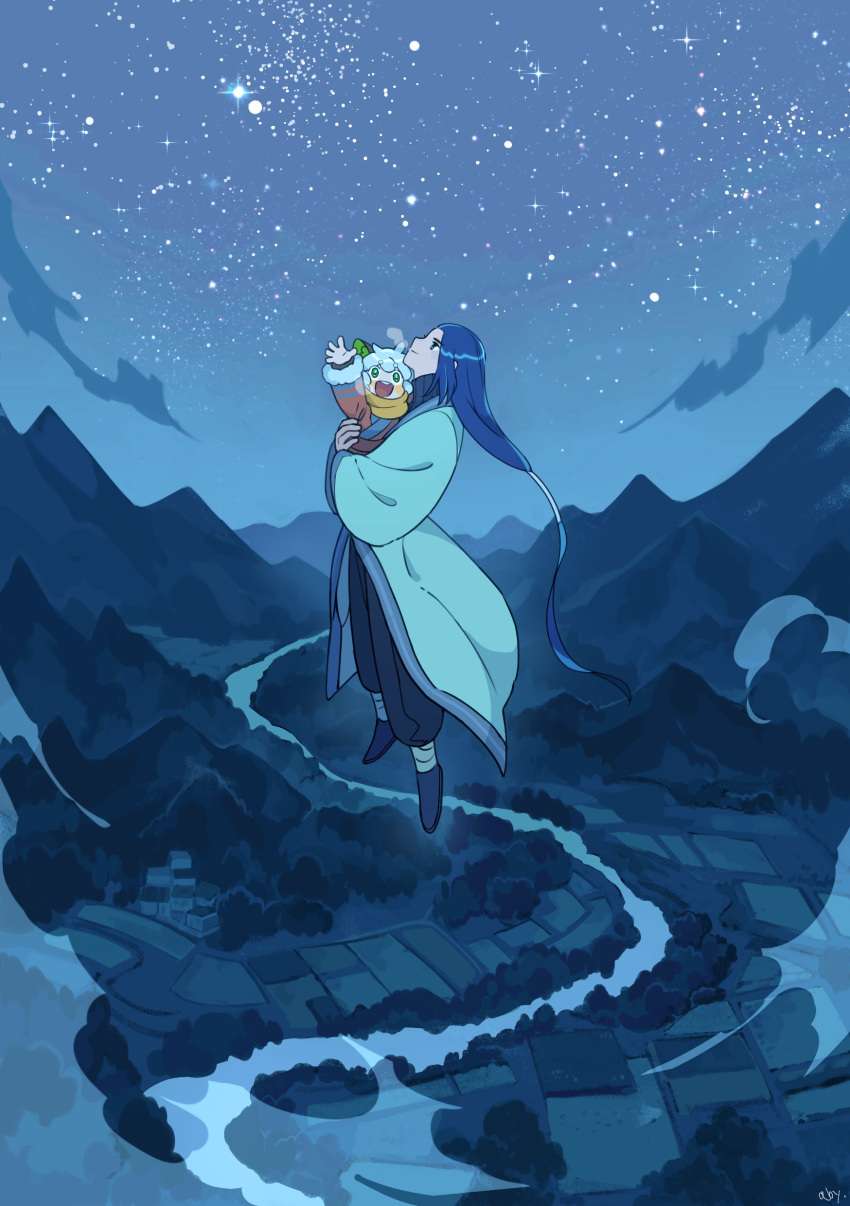 2boys, absurdres, abyff14, arm_up, black_hair, clouds, flying, highres