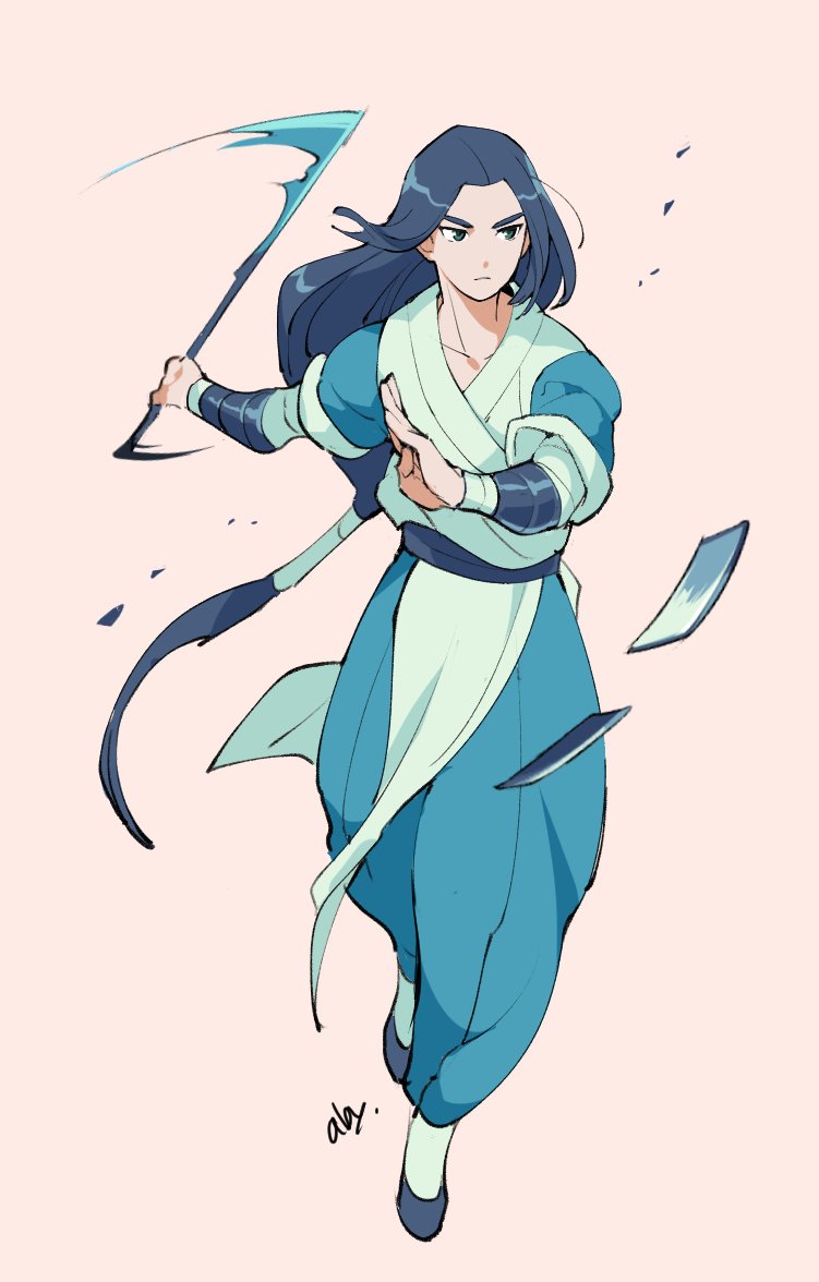 1boy, abyff14, black_eyes, black_hair, full_body, long_hair, low-tied_long_hair, pink_background, simple_background, solo, standing, the_legend_of_luo_xiaohei, very_long_hair, wuxian_(the_legend_of_luoxiaohei)