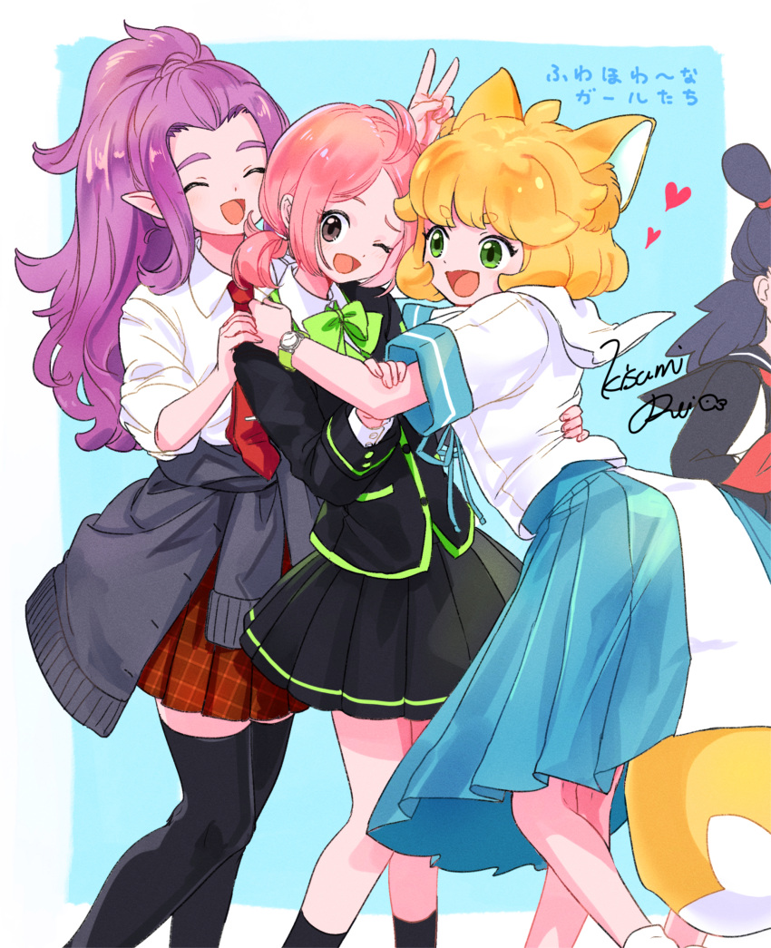 1boy, 3girls, absurdres, animal_ears, aqua_background, aqua_skirt, black_legwear, black_skirt