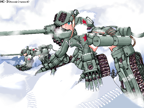 is-3, mecha_musume, military, military_vehicle, snow, soviet, tank, vehicle, yone88, yonezuka_ryou
