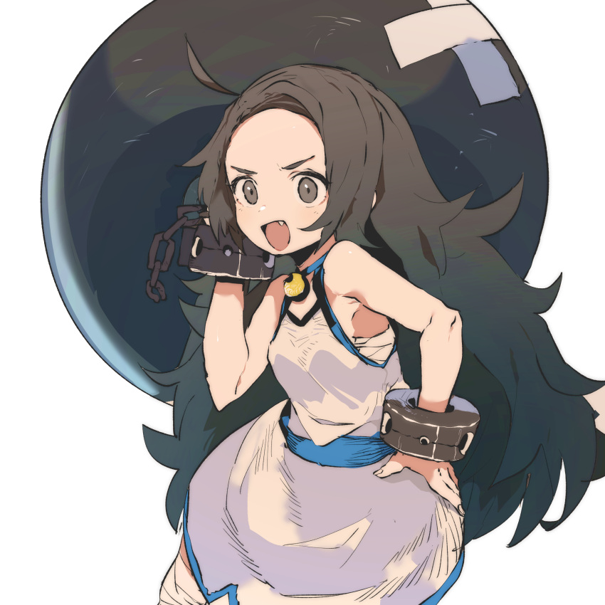 1girl, :d, ahoge, bare_shoulders, big_hair, black_hair, blue_sash, chang_koehan, cuffs, ddari, dress, fang, genderswap, genderswap_(mtf), hand_on_hip, highres, holding, huge_weapon, long_hair, looking_at_viewer, open_mouth, pretty_chang, sash, simple_background, smile, solo, standing, the_king_of_fighters, weapon, white_background, white_dress