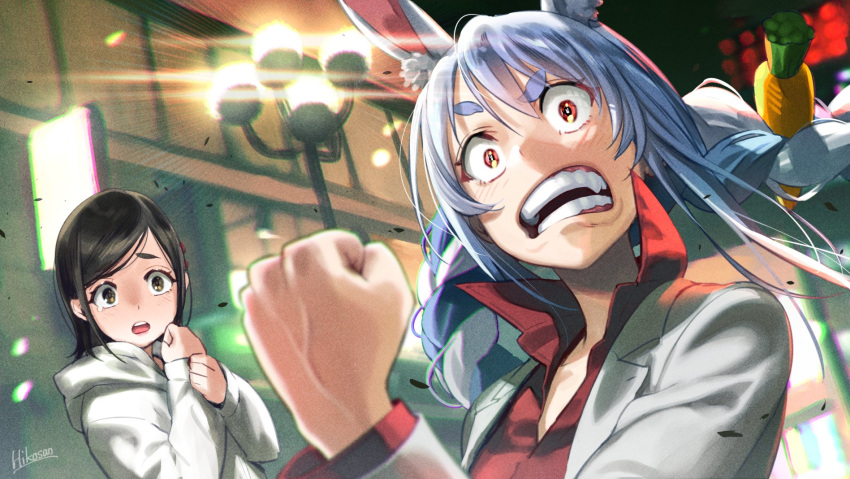 2girls, alternate_costume, anger_vein, blurry, blurry_background, building, bunny_girl, carrot