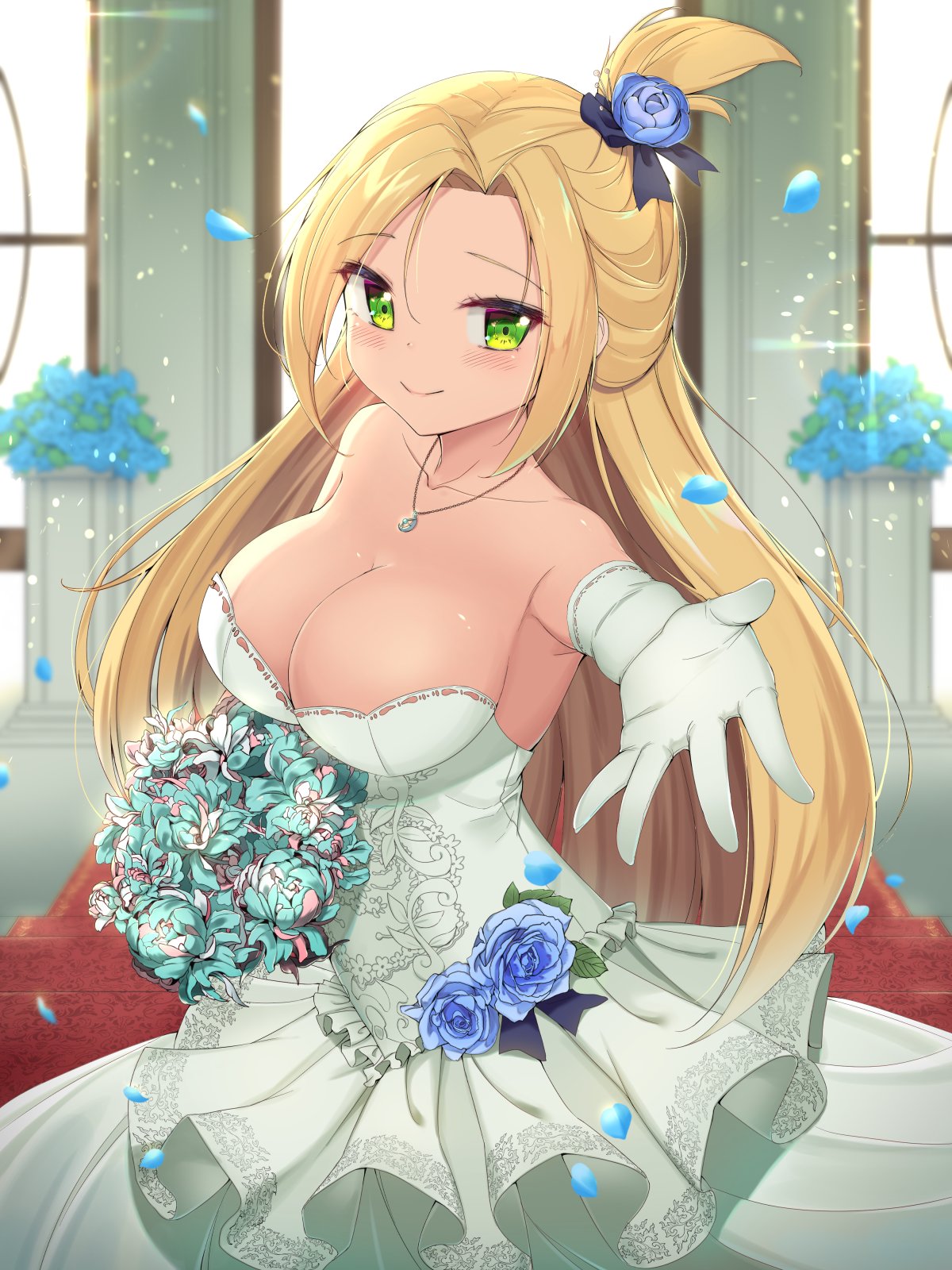 blonde_hair, blue_flower, bouquet, breasts, bridal_gauntlets, bride, cardfight!!_vanguard, dress, dress_flower, flower, gauntlets, green_eyes, green_flower, hair_flower, hair_ornament, hand_out, highres, jewelry, jungki_dr, lace, large_breasts, long_hair, looking_at_viewer, pendant, petals, round_breasts, smile, tatsunagi_kourin, wedding, wedding_dress, white_dress