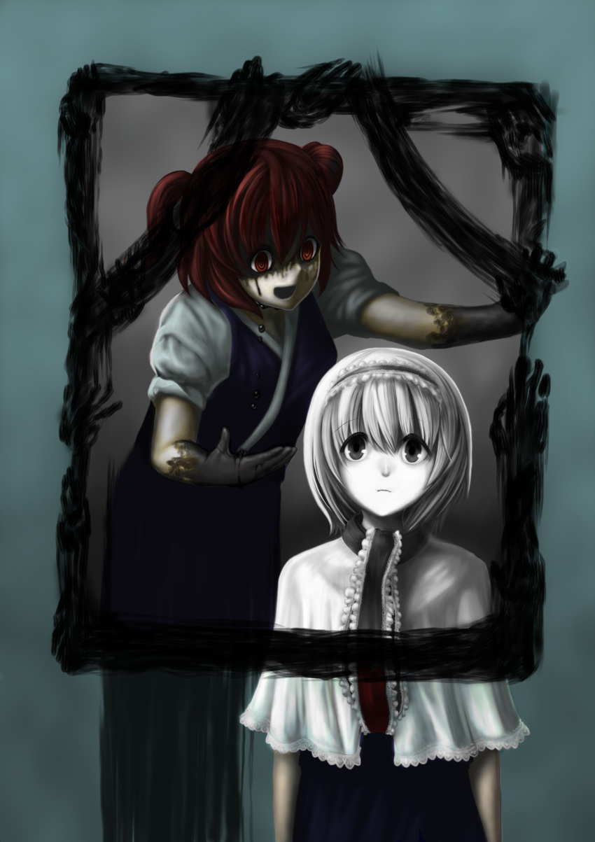 2girls, alice_margatroid, arms_at_sides, bangs, blue_background, blue_dress, capelet, closed_mouth