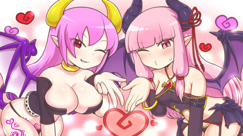 2girls, :3, :d, bare_shoulders, black_panties, blown_kiss, blush, breasts, brooch, character_request, choker, demon_girl, demon_horns, demon_tail, demon_wings, hand_up, heart, horn_ornament, horns, jewelry, kotonoha_akane, large_breasts, leaning_forward, long_hair, looking_at_viewer, multiple_girls, o3o, one_eye_closed, open_mouth, panties, pink_background, pink_hair, pointy_ears, purple_hair, rantana_(lalalalackluster), red_eyes, slit_pupils, small_breasts, smile, spread_wings, standing, succubus, tail, tassel, underwear, voiceroid, wings