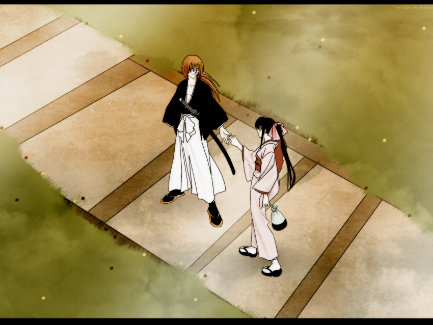 1boy, 1girl, black_hair, himura, japanese_clothes, kaoru, kenshing, kimono