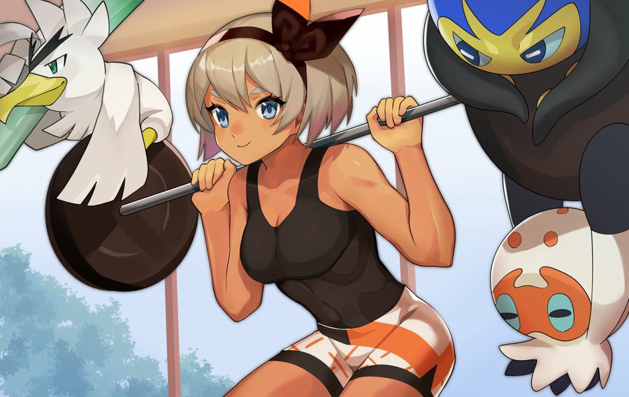 1girl, bangs, barbell, bare_arms, bea_(pokemon), black_bodysuit, blue_eyes, bodysuit