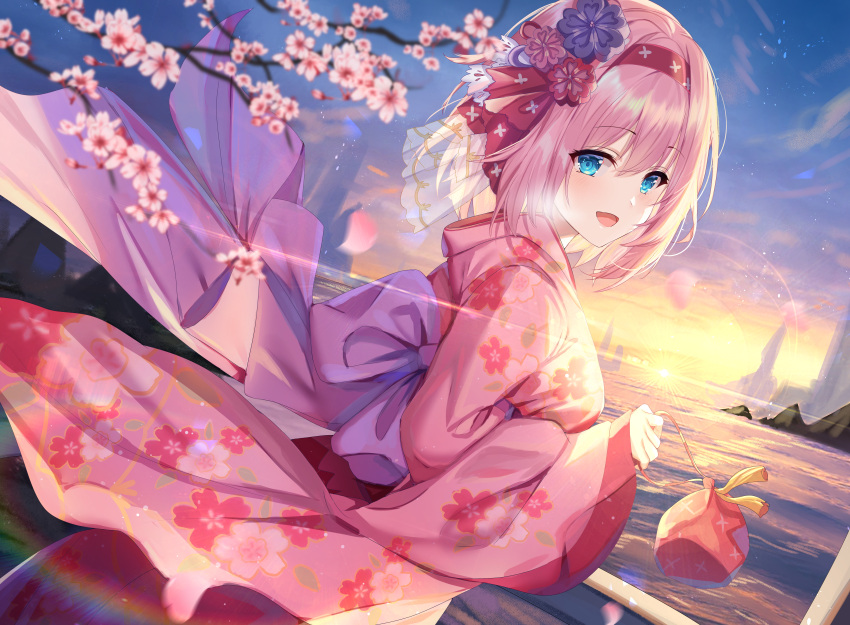 1girl, absurdres, bangs, blue_eyes, blush, breasts, cherry_blossoms, floral_print
