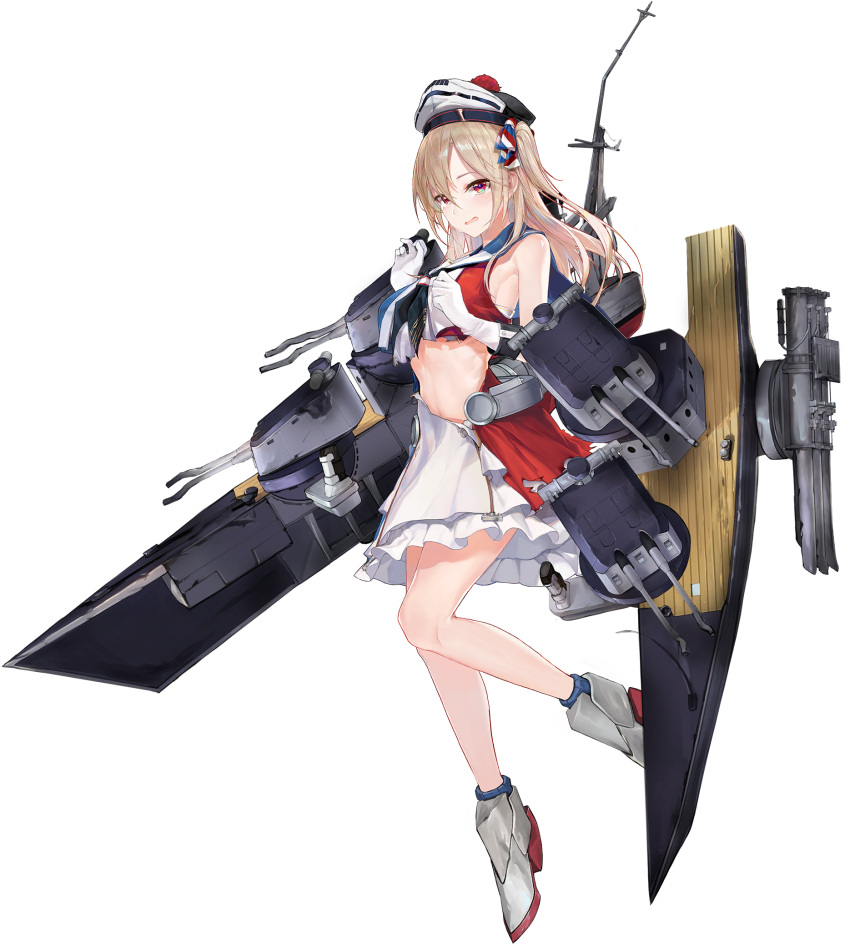1girl, artist_request, bangs, blonde_hair, blue_oath, blue_sailor_collar, boots, breasts, damaged, dress, foch_(blue_oath), frilled_dress, frills, gloves, hair_ribbon, hat, highres, leg_up, long_hair, medium_breasts, official_art, one_side_up, open_mouth, pom_pom_(clothes), red_eyes, ribbon, rigging, sailor_collar, sleeveless, sleeveless_dress, solo, torn_clothes, transparent_background, white_gloves