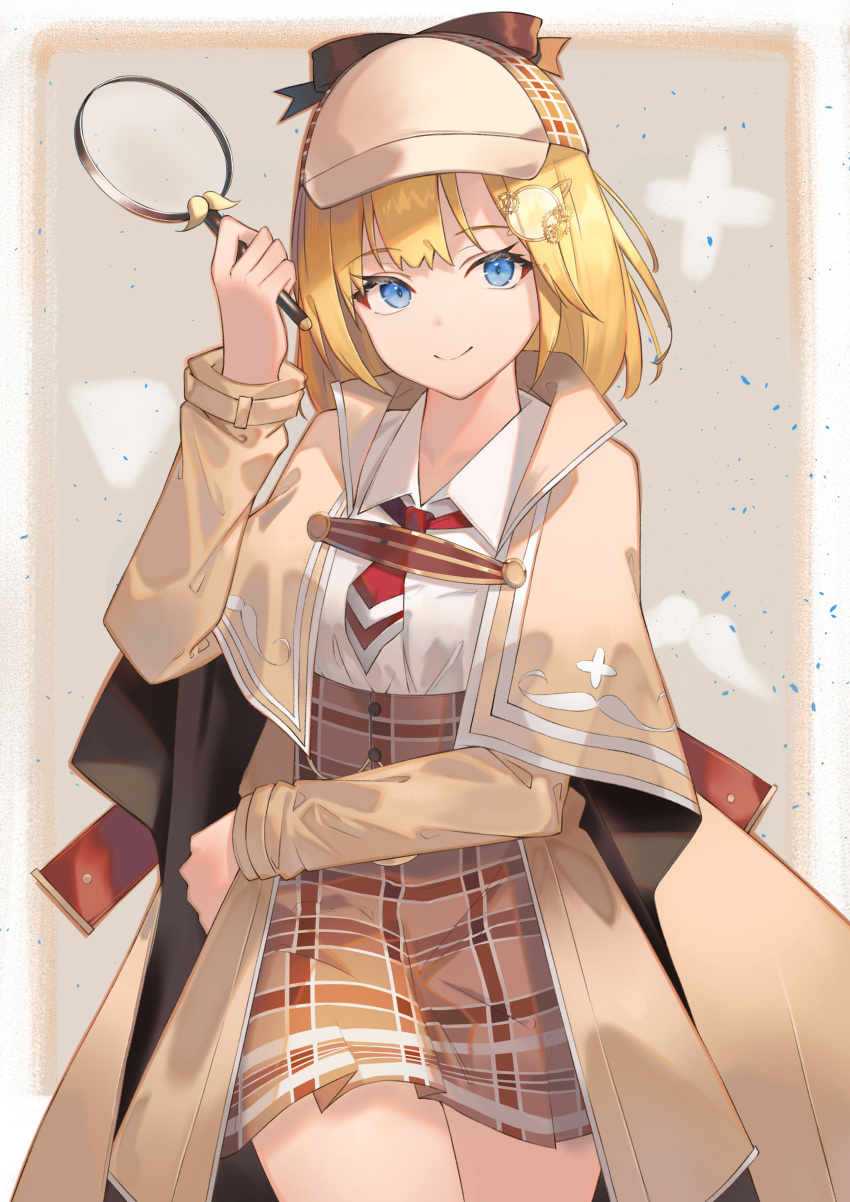 1girl, absurdres, arm_across_waist, blonde_hair, blue_eyes, brown_capelet, brown_coat, brown_headwear