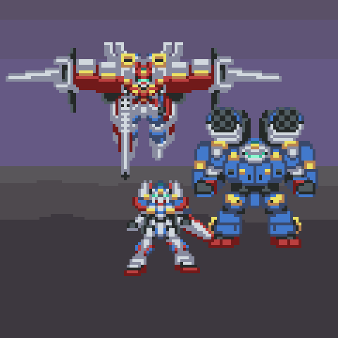 animated, animated_gif, cecihoney, english_commentary, flying, gattai, gun, holding, holding_gun, holding_weapon, lowres, mecha, no_humans, open_hands, pixel_art, r-1, r-2_powered, r-3_powered, science_fiction, shoulder_cannon, super_robot, super_robot_wars, super_robot_wars_original_generation, transformation, v-fin, visor, weapon