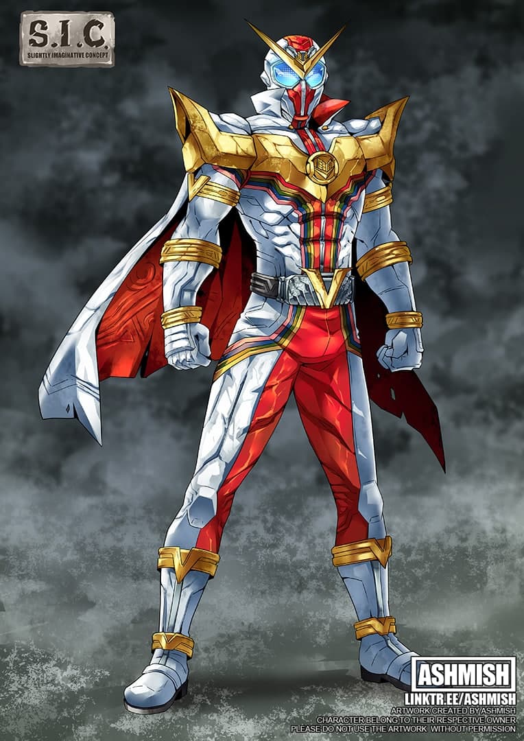 1boy, artist_name, ashmish, blue_eyes, bodysuit, cape, clenched_hands, kikai_sentai_zenkaiger