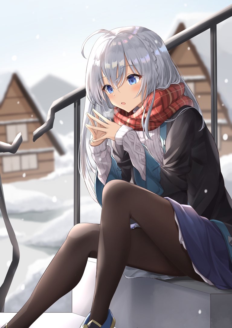 1girl, ahoge, alternate_costume, bangs, black_legwear, blue_eyes, blurry, blurry_background