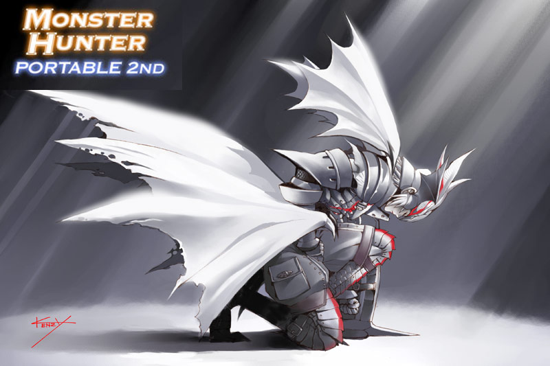 bent_over, boots, clenched_hand, closed_eyes, fatalis_(armor), gloves, hand_on_thigh, helmet, kenzy, kneeling, monster_hunter, monster_hunter_portable_2nd, pouch, profile, shadow, shield, short_hair, signature, solo, strap, sunbeam, sunlight, torn_clothes, white_hair, wings