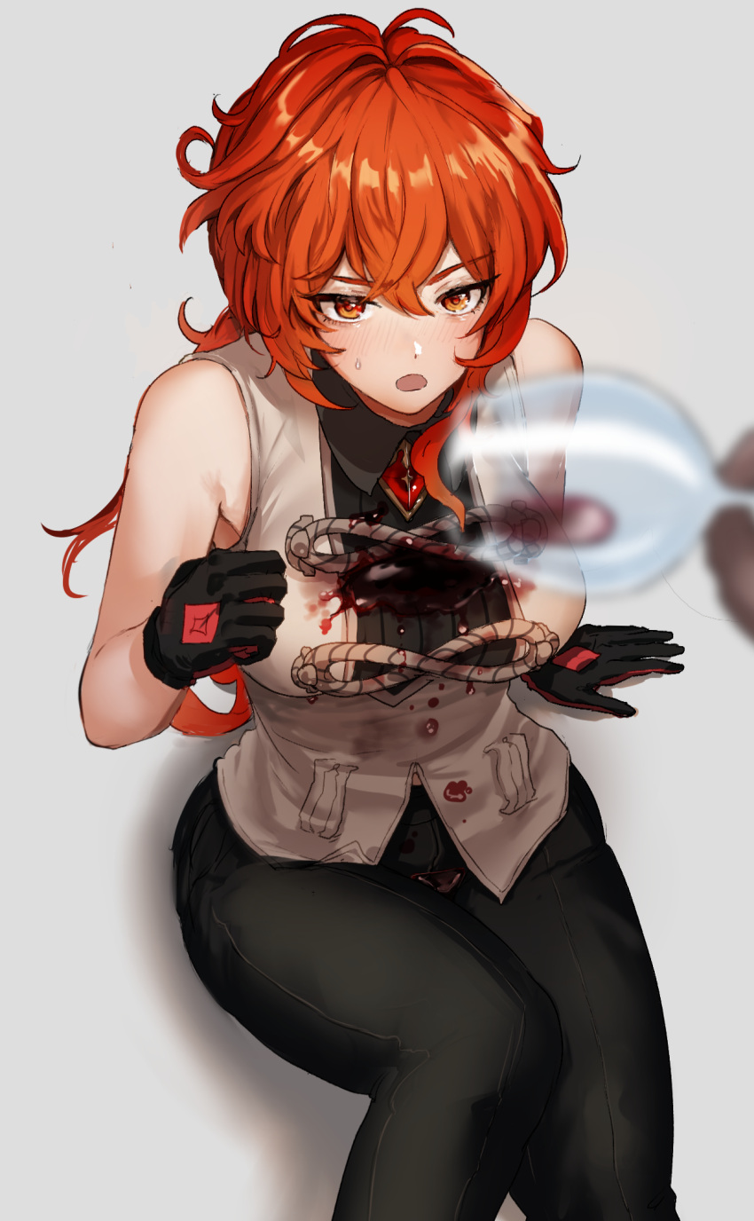 1girl, alcohol, bangs, black_gloves, black_legwear, blurry, blurry_foreground, blush