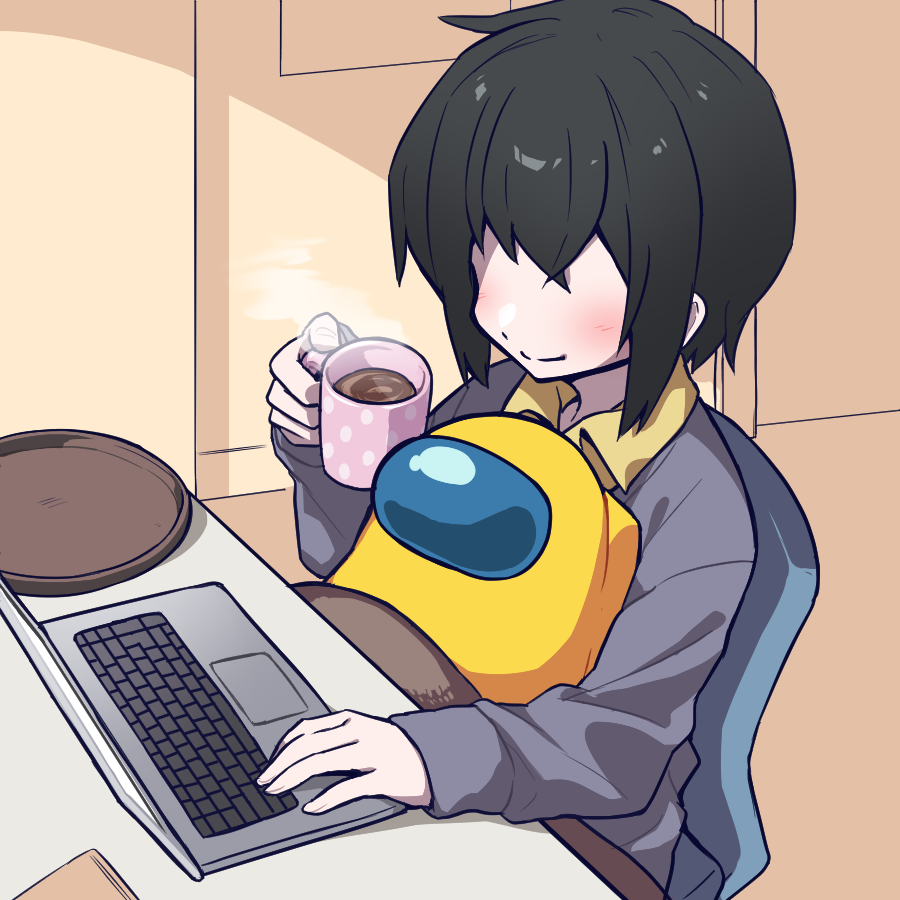 2others, ambiguous_gender, among_us, at_computer, black_hair, blush, chair, coffee