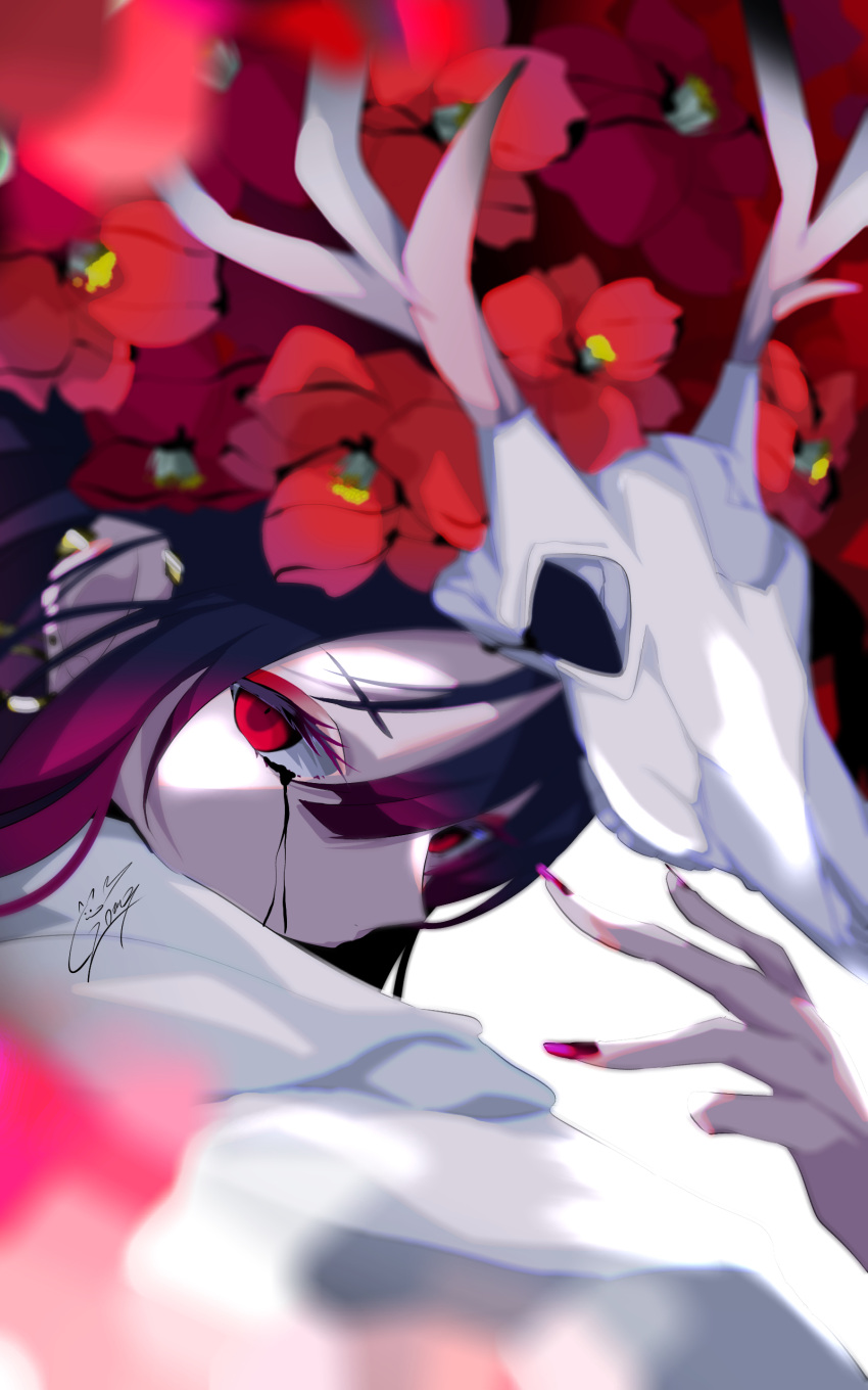 1girl, absurdres, animal_skull, black_hair, black_tears, camellia, close-up, crying, flower, goma_irasuto, gradient_hair, hair_between_eyes, hair_flower, hair_ornament, highres, multicolored_hair, original, red_eyes, red_flower, red_nails, redhead, signature, skull, solo