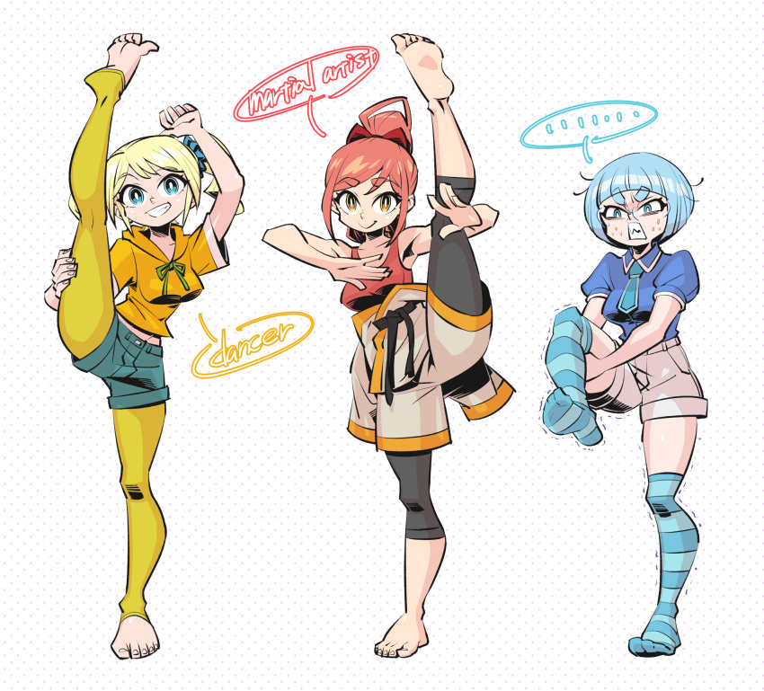 ..., 3girls, bangs, barefoot, blonde_hair, blue_neckwear, bow, breasts